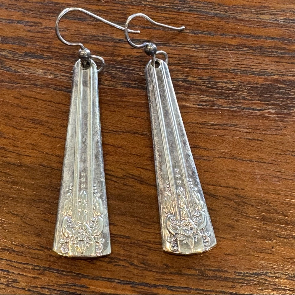 Vintage Spoon Dangle Earrings Silver Plate Jewelry 1940s Floral Upcycle
